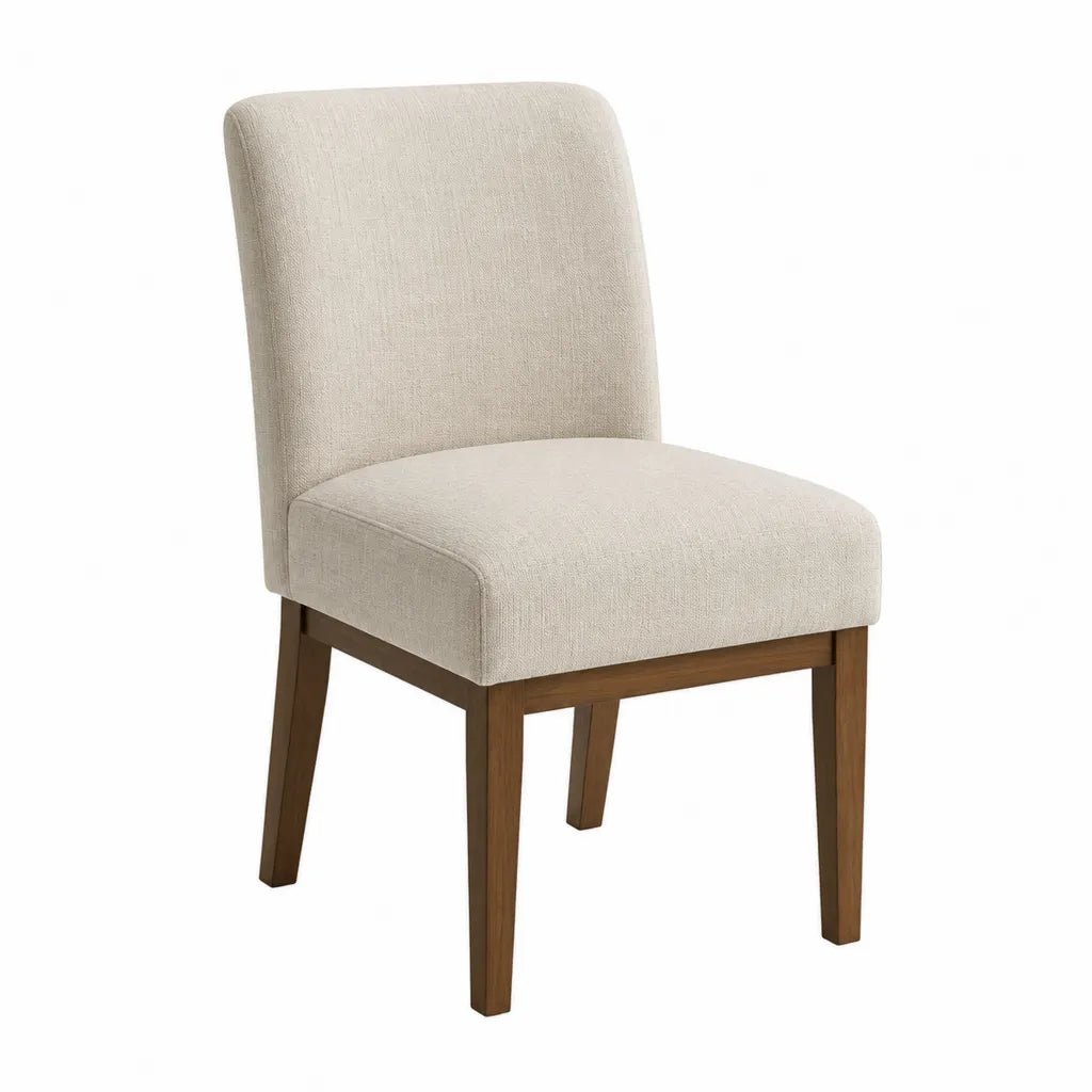 Esszimmerstuhl gepolstert mit hoher Rückenlehne Polyesterbezug Massivholzgestell Beige Walnussbraun 46 x 58 x 96 cm