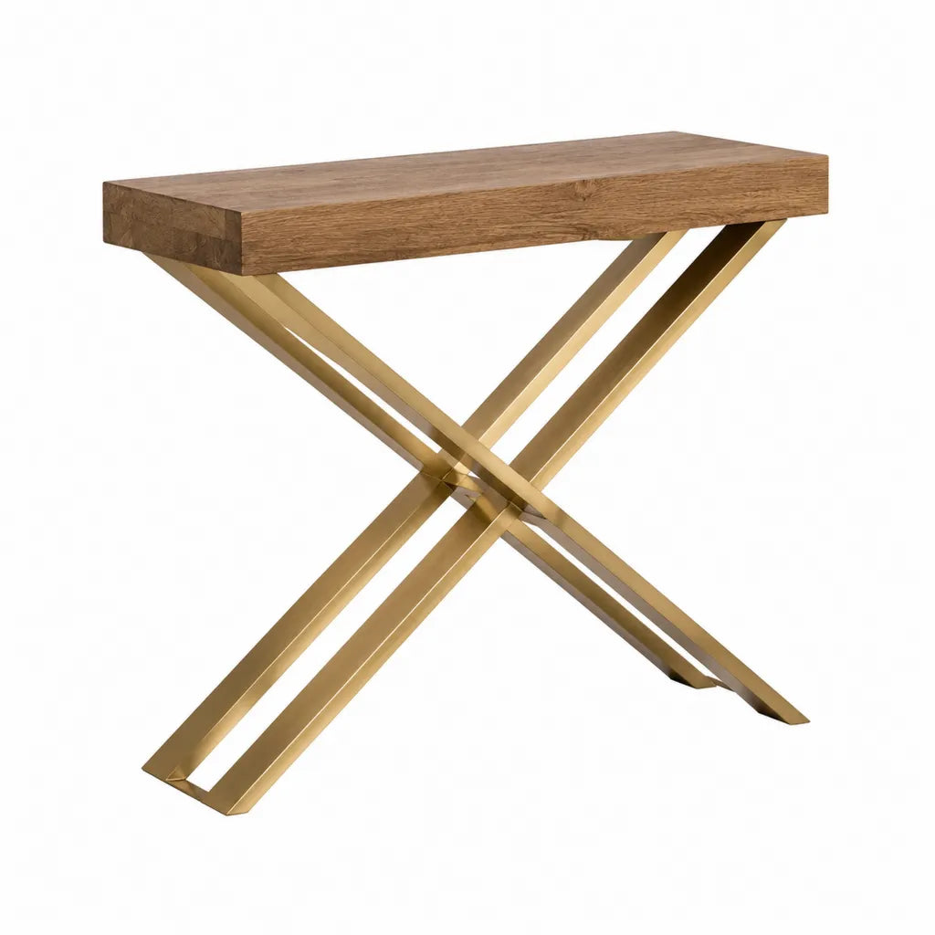 Konsolentisch 120 x 40 x 78 cm aus Eichenholz und Stahl in X-Form Braun Gold