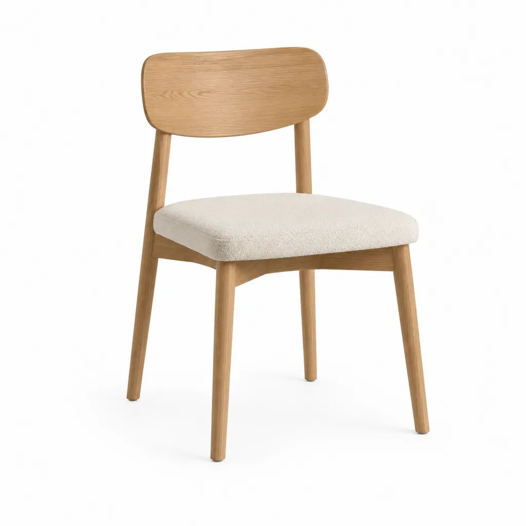Esszimmerstuhl aus Eichenholz mit gepolstertem Bouclé-Sitz in Naturweiß 48 x 54 x 78 cm