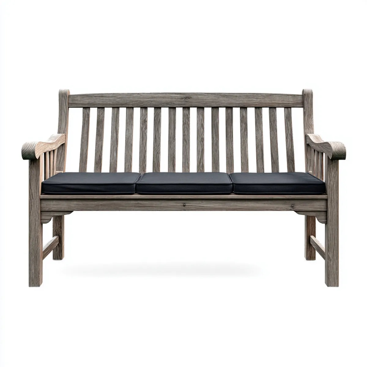 Gartenbank 3-Sitzer Grau aus Akazien-Massivholz mit schwarzen Sitzkissen rechteckig 150 x 65 x 95 cm