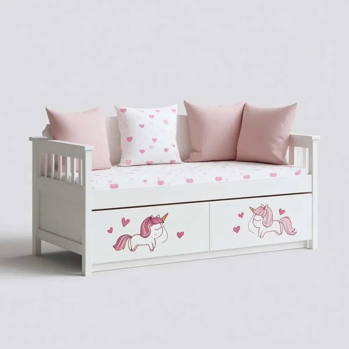 Kinderbett Weiß Rosa mit Einhornmotiv und 2 Schubladen aus lackiertem MDF 140 x 70 cm