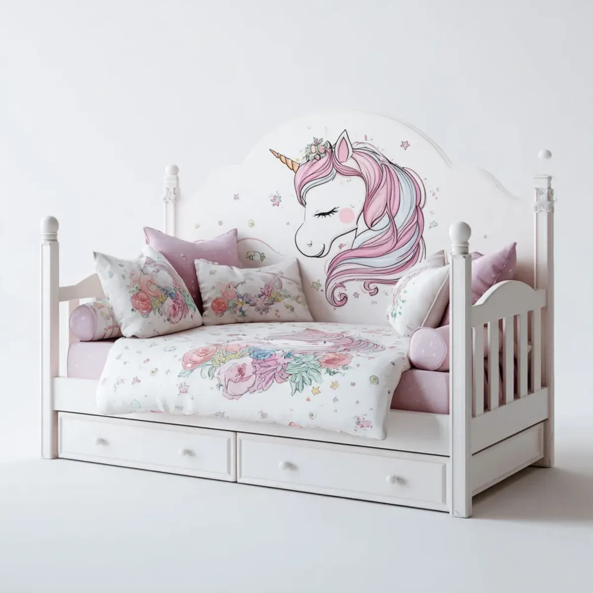 Kinderbett Weiß Rosa 90 x 200 cm aus Massivholz und MDF rechteckig mit 2 Schubladen Einhornmotiv