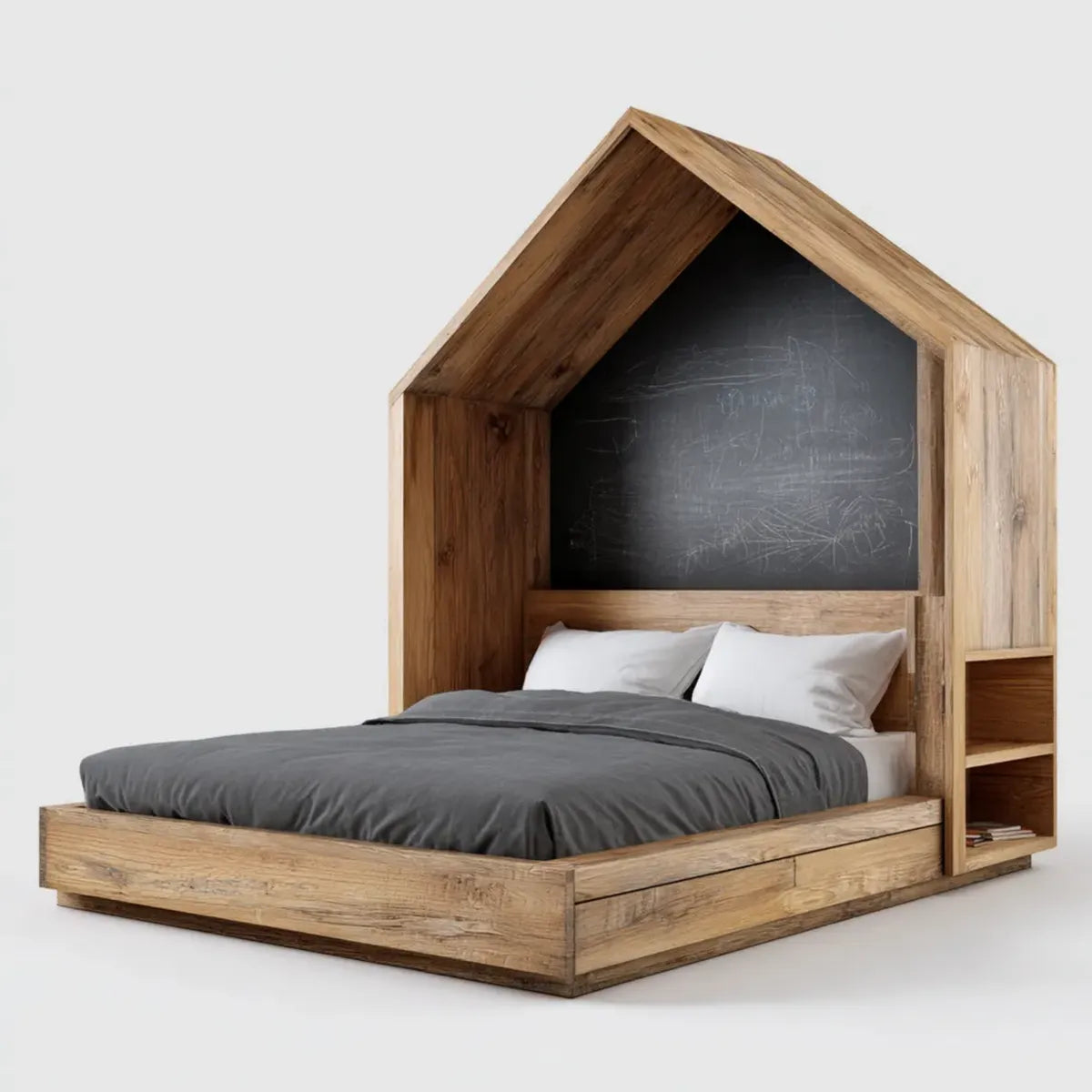 Kinder Hausbett Natur 140 x 200 cm aus Kiefer Massivholz mit Kreidetafel und Regal