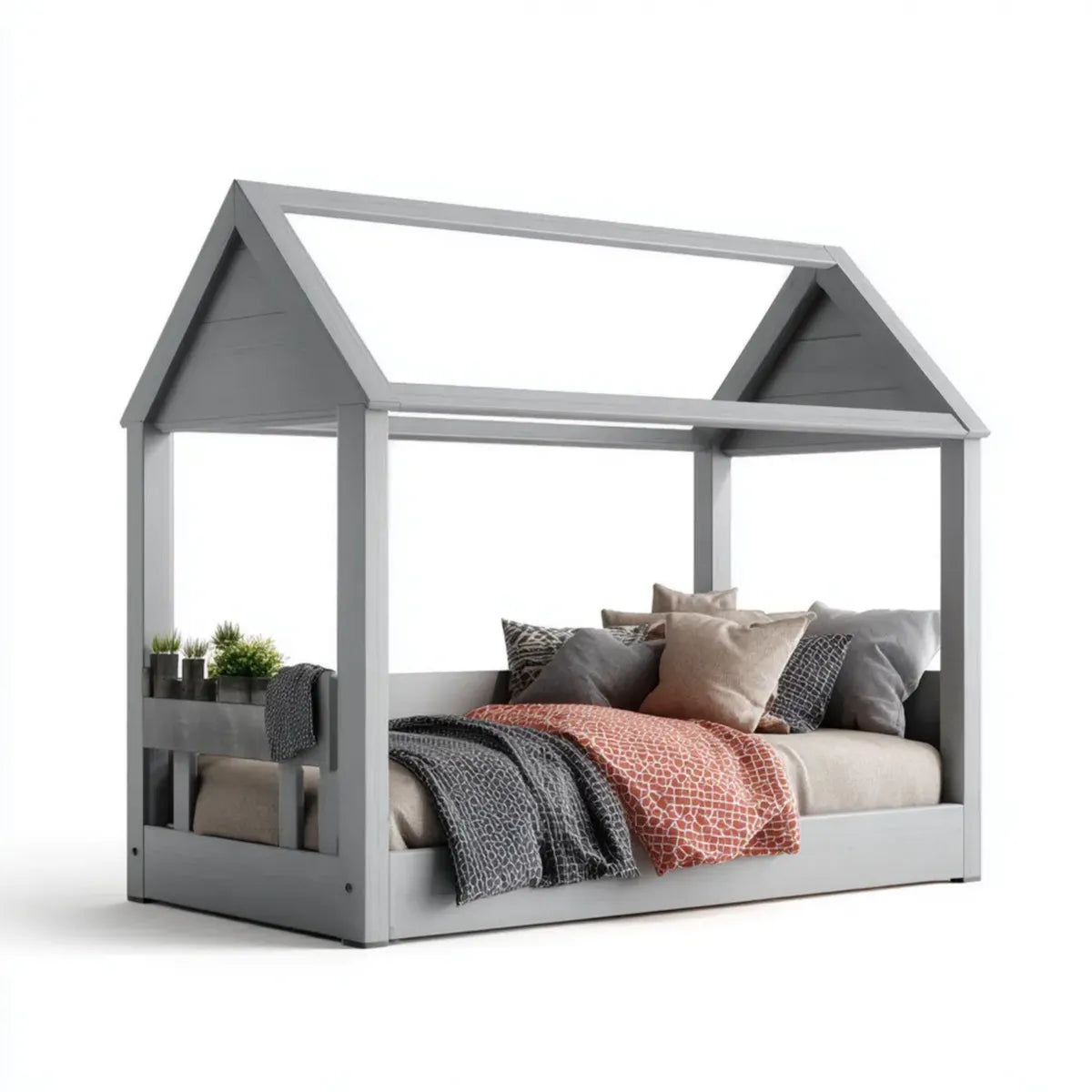 Kinderhausbett Grau 90 x 200 cm aus massivem Kiefernholz rechteckig