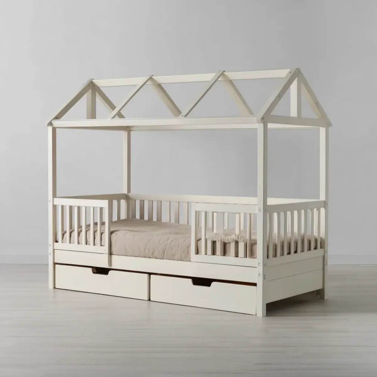 Kinder Hausbett mit Rausfallschutz und 2 Schubladen Weiß 90 x 200 cm Kiefernholz Rechteckig